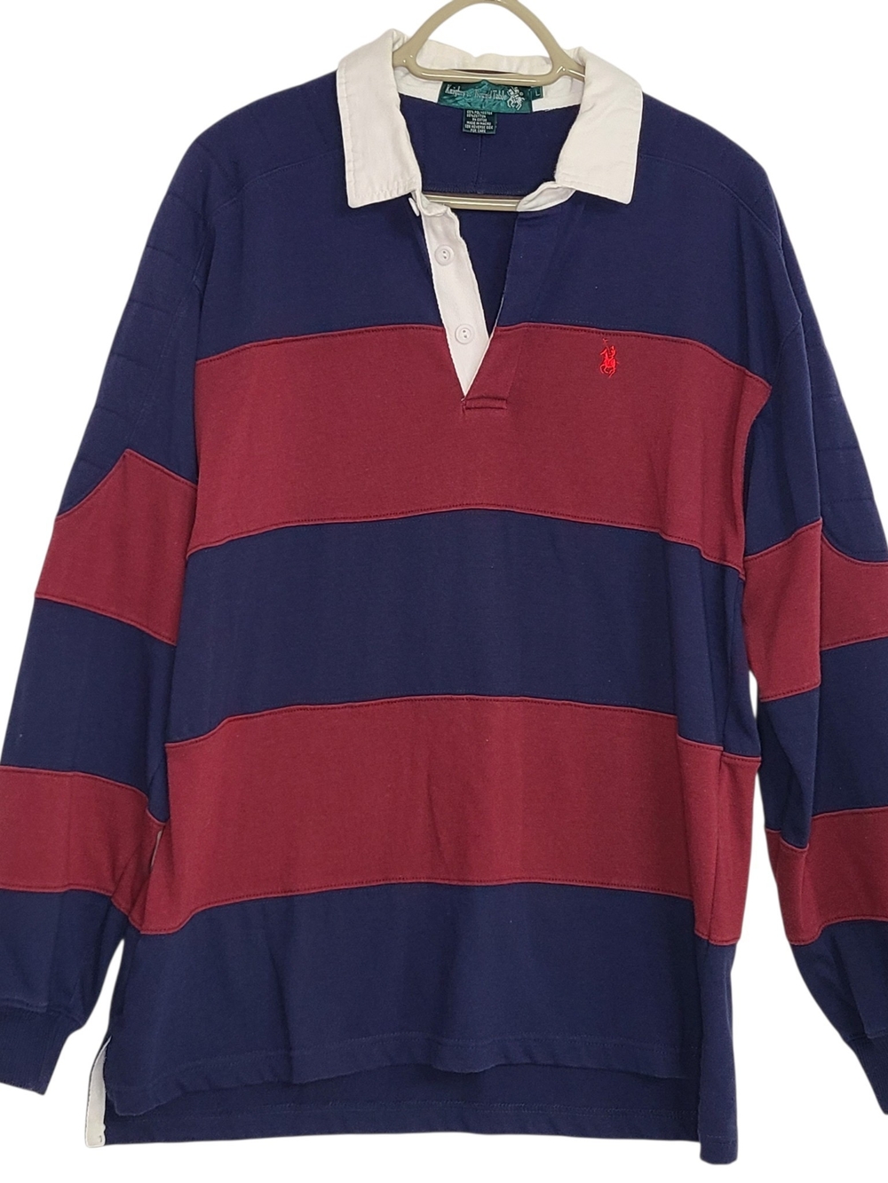 ​Knights of Round Table Rugby Shirt Mens Large Blue Maroon Striped Long Sleeve